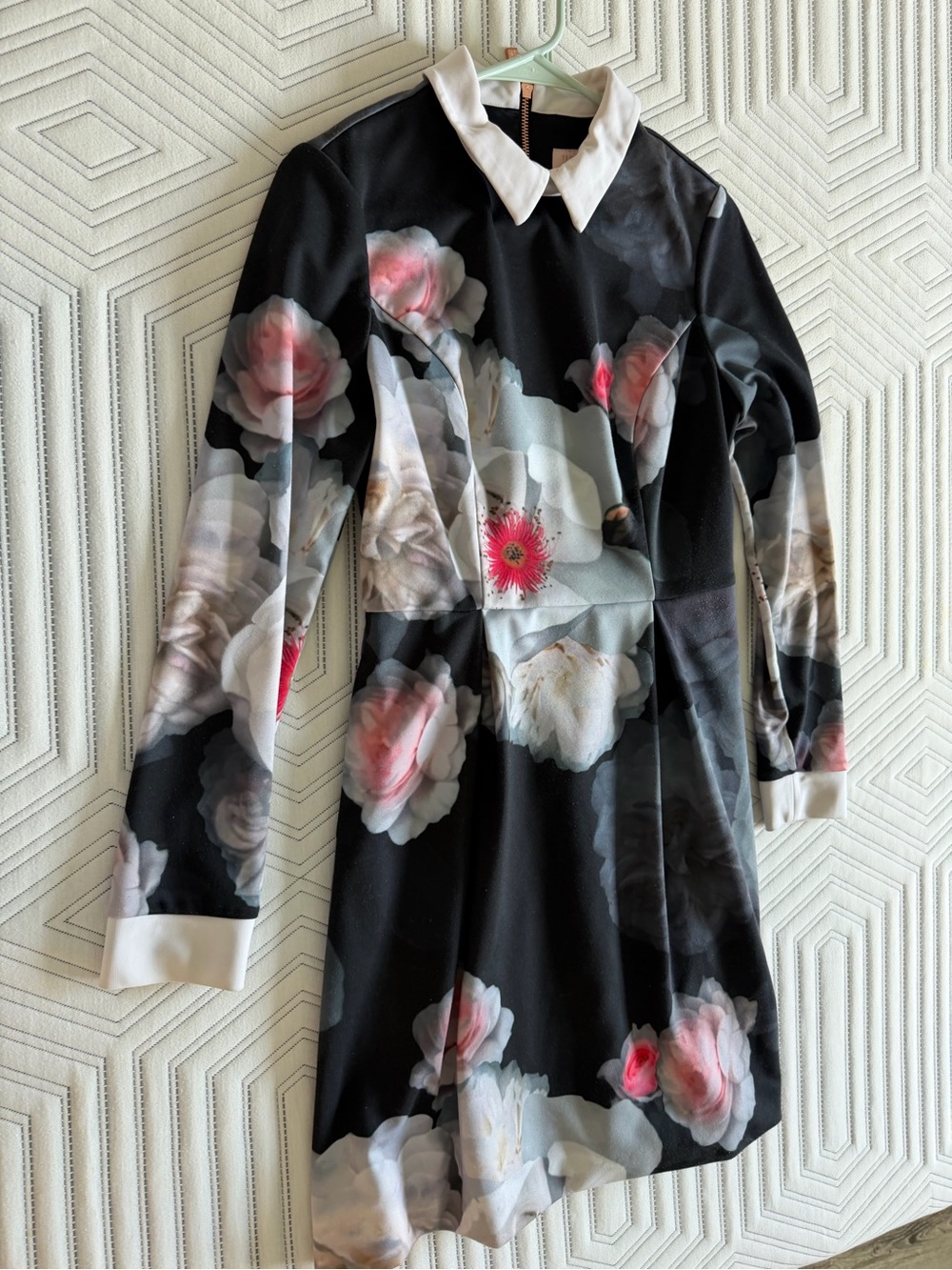 Ted Baker Black Floral Collared Long-Sleeve Mini Dress